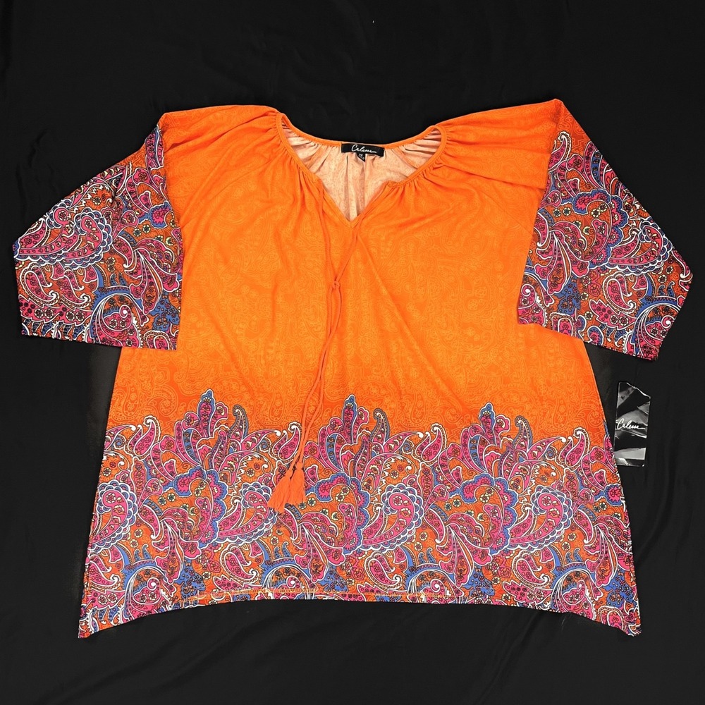 NWT Calessa Womens 2X Orange Multi Paisley Boho Tassel Tie Neck Tunic Blouse Top